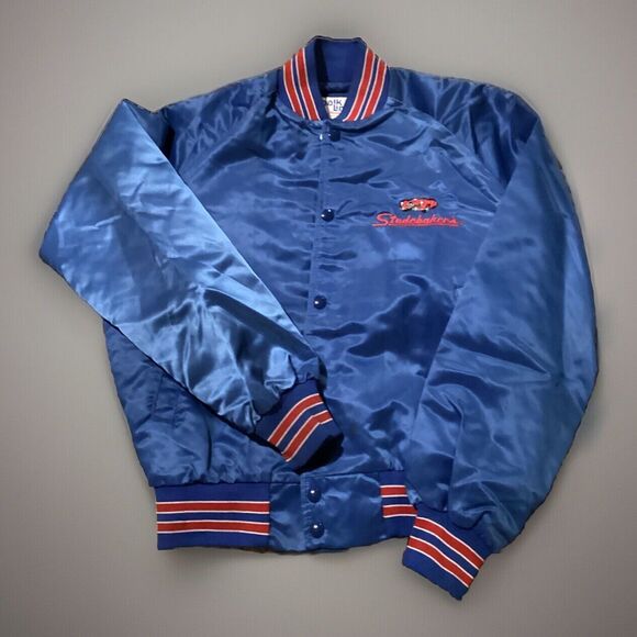 Vintage Chalk Line Studabaker's Atlanta GA Car Blue/Red Satin Jacket Sz Small - Picture 1 of 16